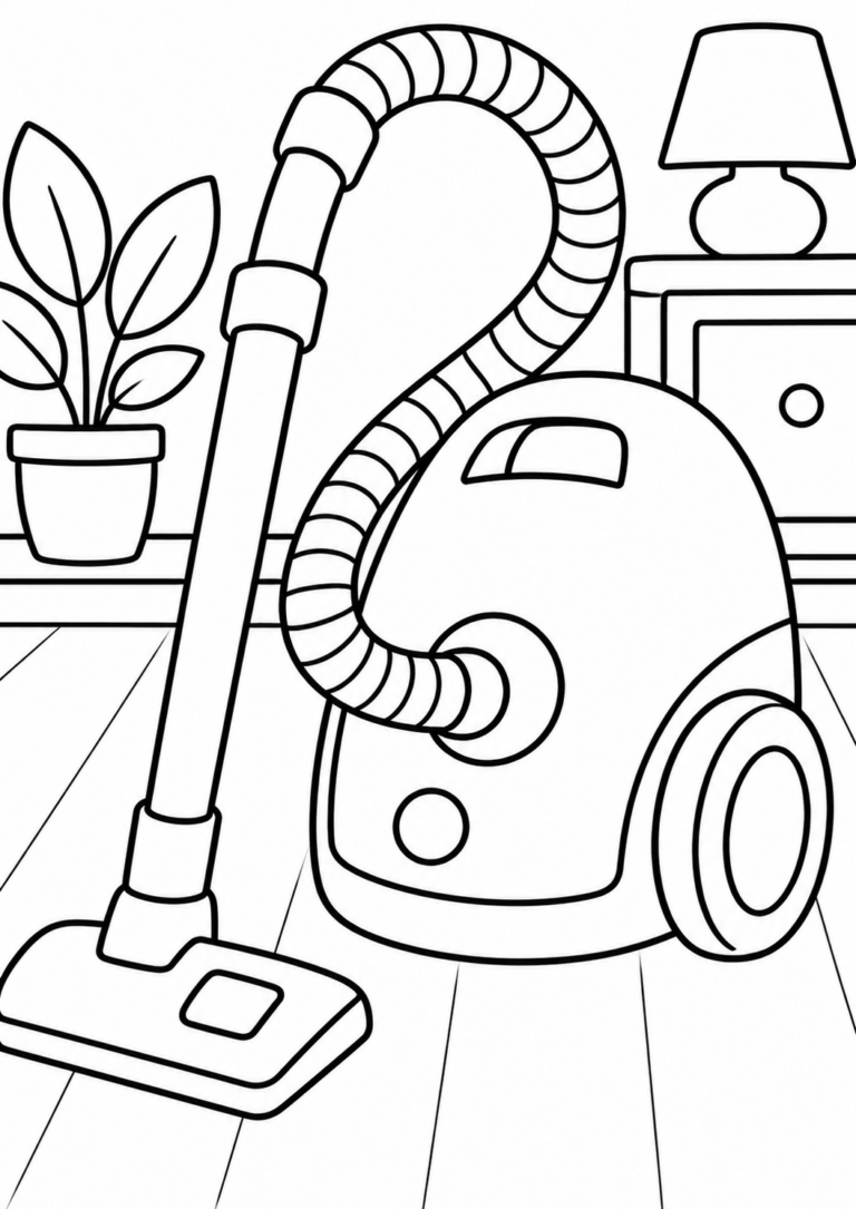 Children's coloring page with a vacuum cleaner, a potted plant, and a lamp on a table. Perfect for engaging children in coloring activities, enhancing creativity and motor skills through familiar items.