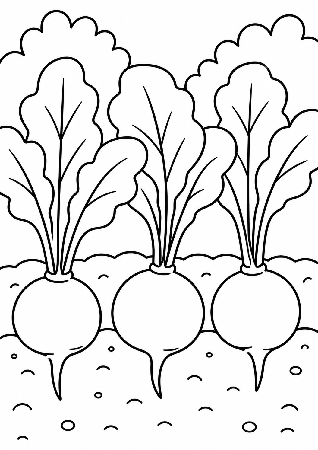 Children's coloring page of three radishes in soil, with detailed leafy tops, offering an engaging and educational activity that encourages creativity and introduces kids to vegetables.