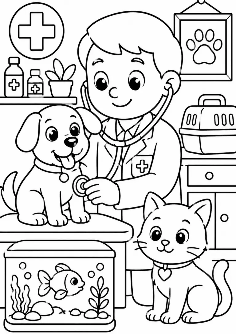 A vet checks a puppy using a stethoscope in a playful scene with a cat, an aquarium, and office supplies. Children can color this lively depiction of a veterinary office.