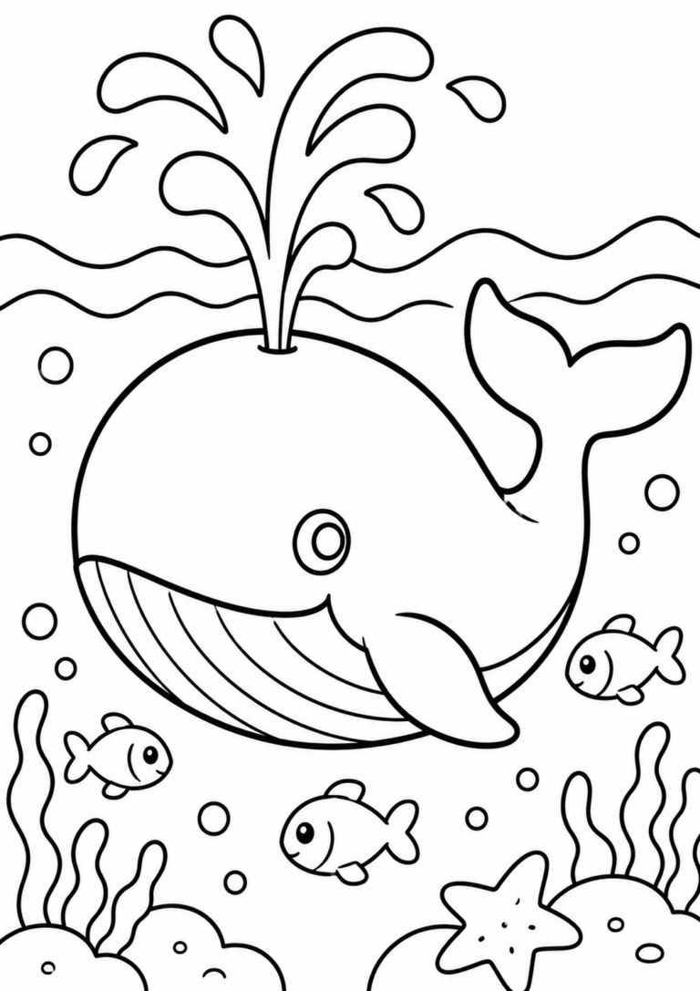 Children's coloring page depicting a cheerful whale swimming with fish and aquatic plants, ideal for creative fun.