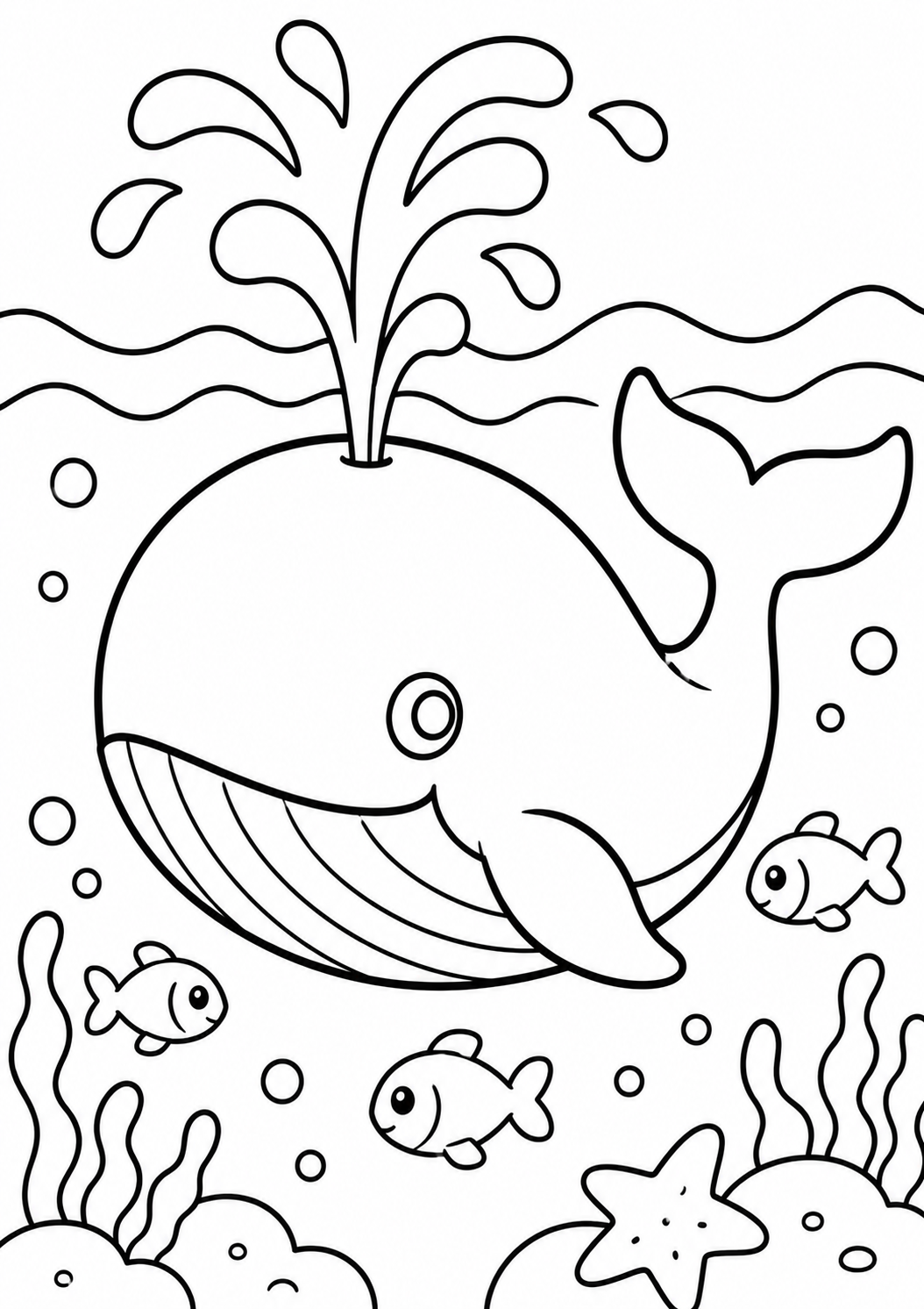 Children's coloring page depicting a cheerful whale swimming with fish and aquatic plants, ideal for creative fun.