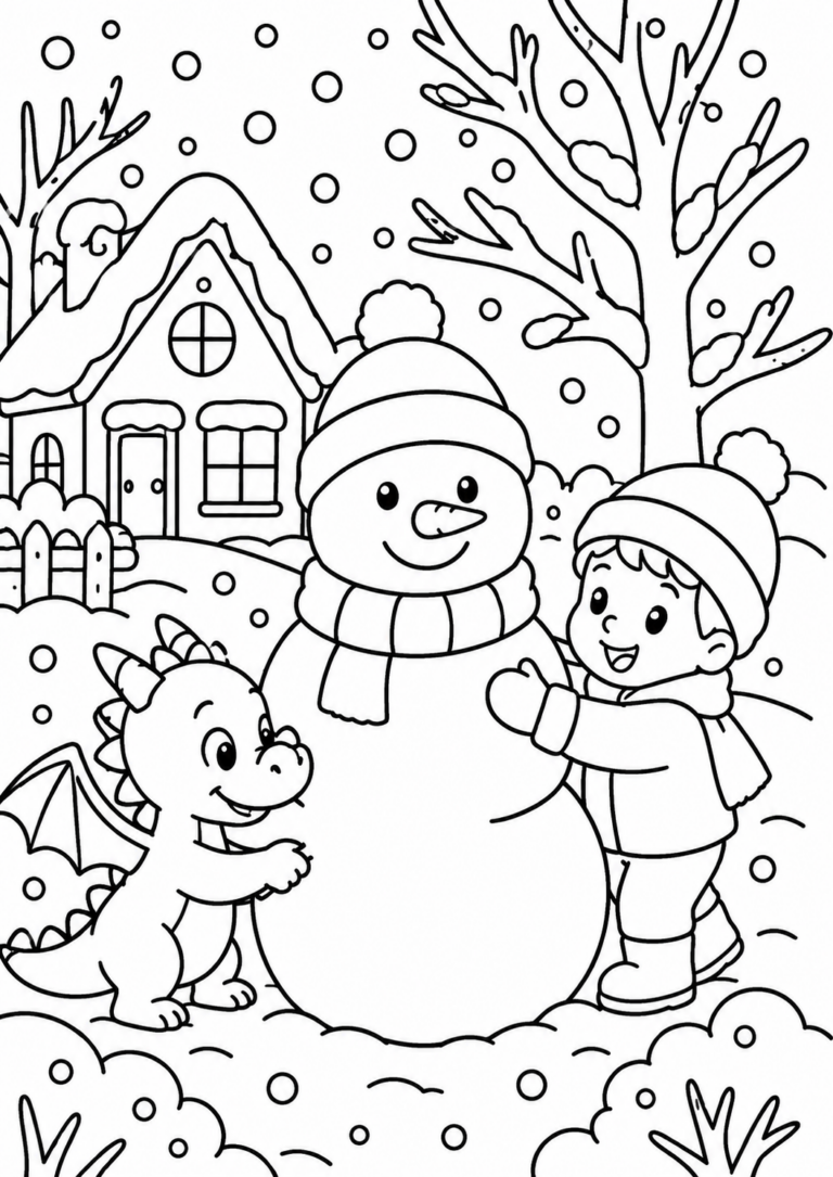A delightful winter scene with a happy snowman, a cheerful child, and a cute dragon. Snow falls softly around them while a cozy house stands in the background among snow-covered trees, perfect for children's coloring.