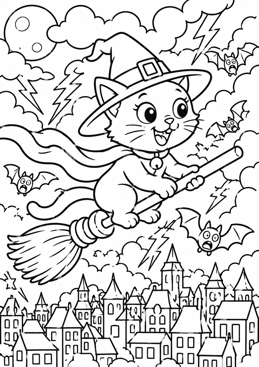A cheerful witch cat flies on a broomstick over a cityscape, accompanied by bats and surrounded by clouds and lightning, capturing the essence of a magical Halloween night.