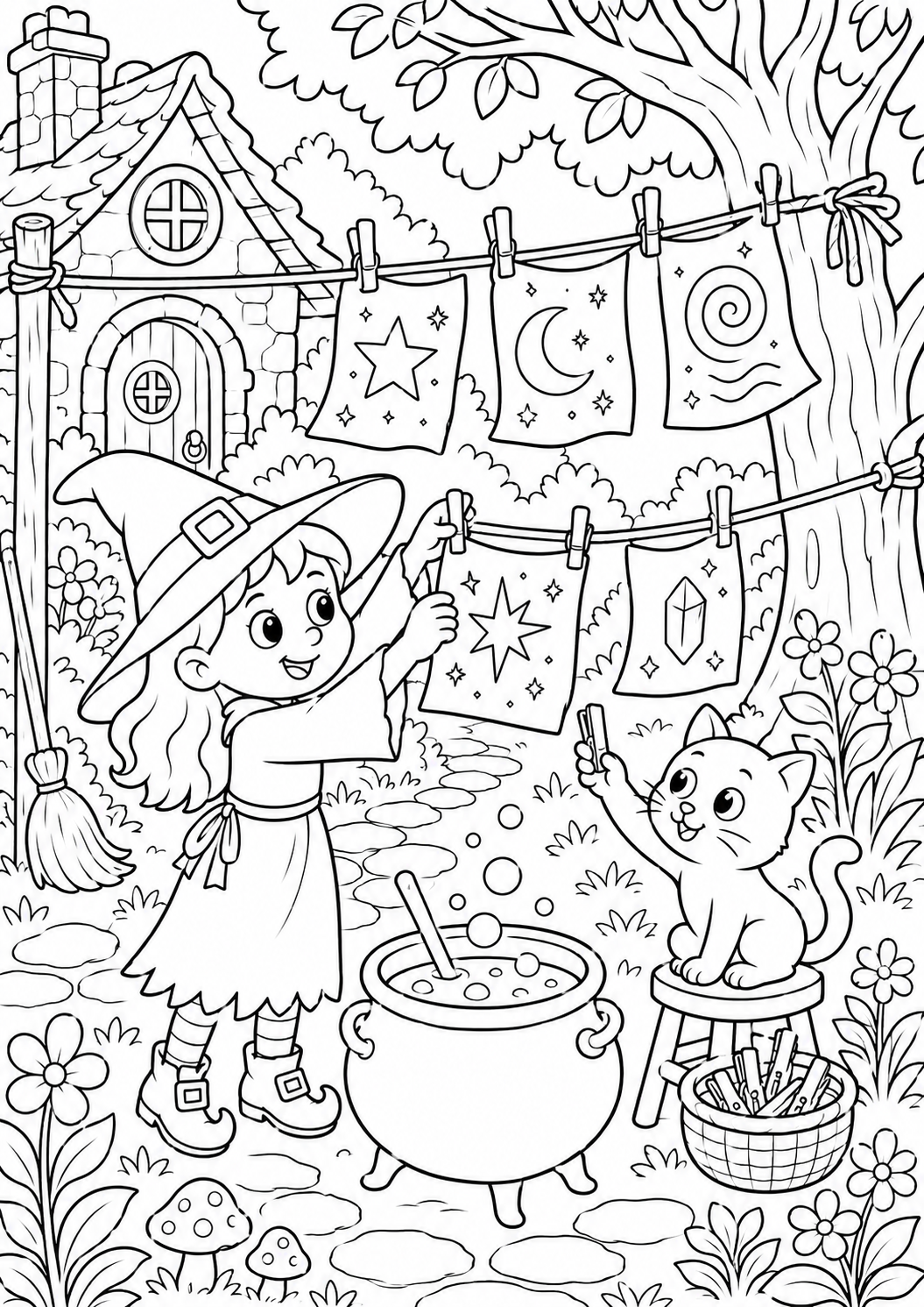 A young witch decorates a forest scene with magical drawings, assisted by a cat. A cauldron bubbles nearby, set against a whimsical backdrop with a charming cottage.
