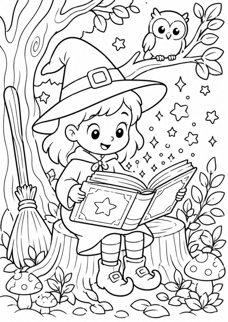 A young witch is joyfully reading a magical book on a tree stump, with stars and an owl in the background, making it a fun coloring opportunity.