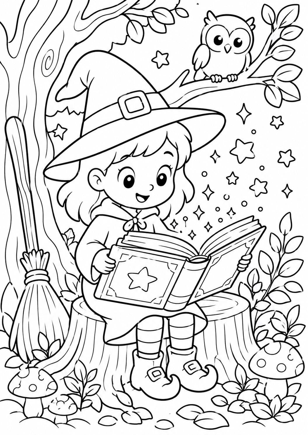 A young witch is joyfully reading a magical book on a tree stump, with stars and an owl in the background, making it a fun coloring opportunity.