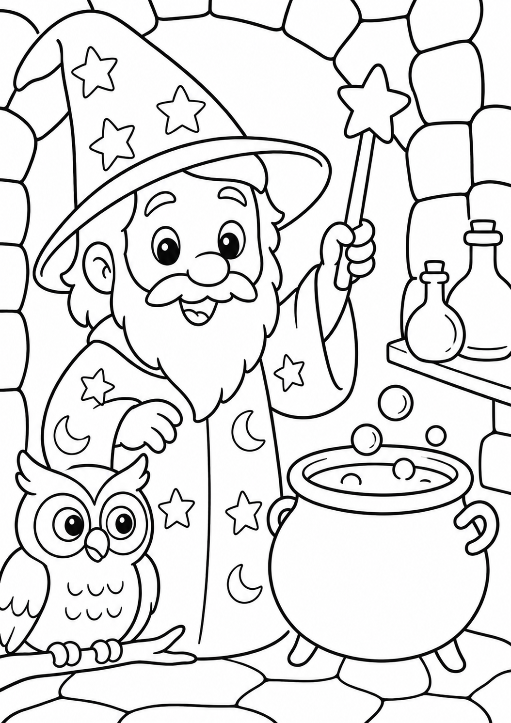 A captivating wizard stands in a magical room, wielding a star-topped wand. Alongside him is an owl, and a cauldron bubbles with potions. This enchanting setting is perfect for children to color and explore their imagination.