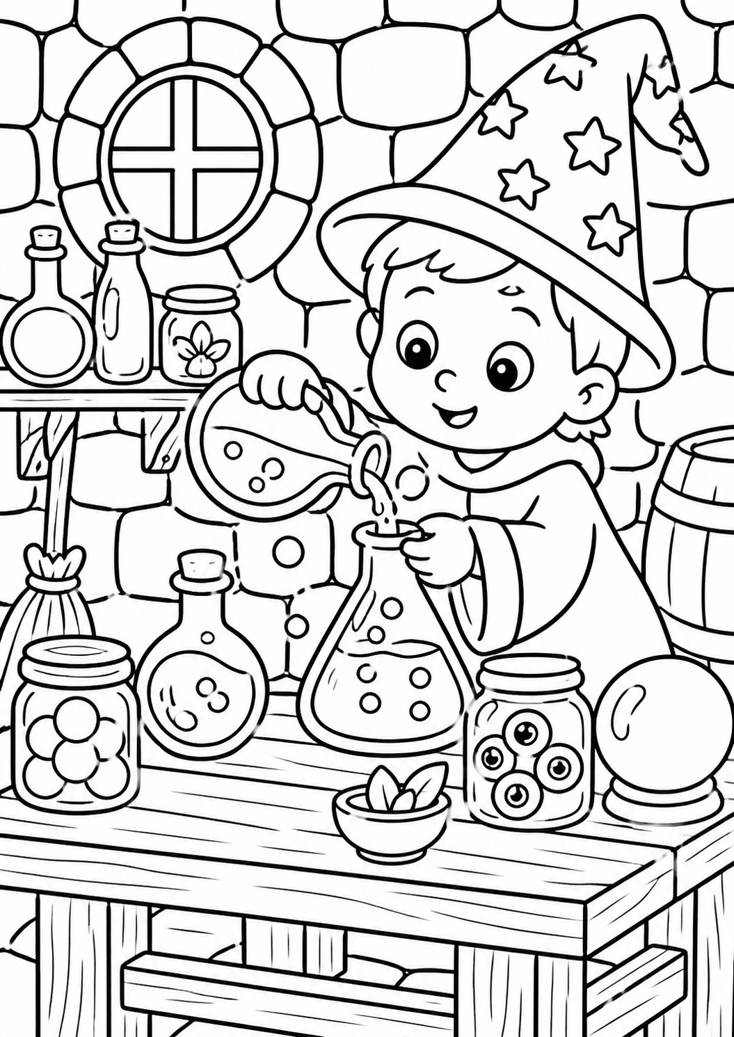 A young wizard in a magical lab, wearing a starry hat and robe, mixing potions among jars and mystical items ready for kids to color.