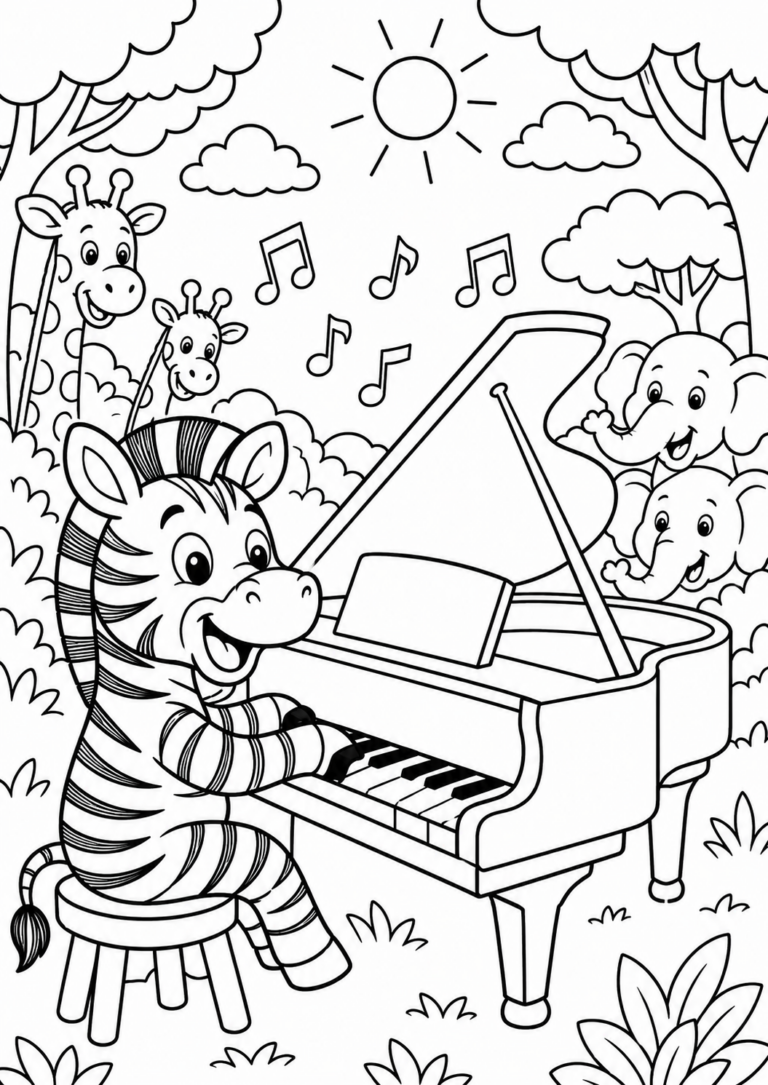 A coloring page depicting a cheerful zebra playing the piano amid a forest with musical notes and other friendly animals watching. Perfect for kids exploring creativity and enjoying musical themes.