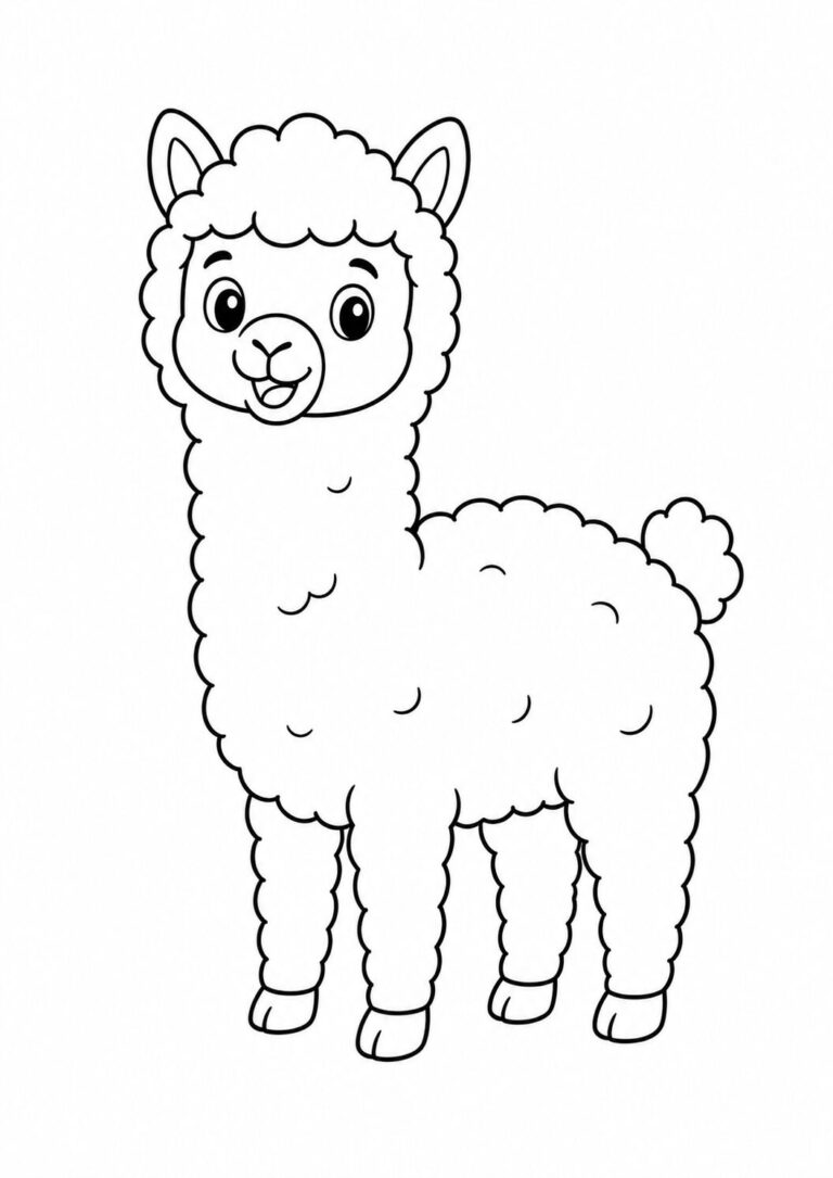 An adorable alpaca in a cheerful pose, waiting to be colored. Children will enjoy adding colors to the fluffy wool and cute face, sparking creativity and joy.