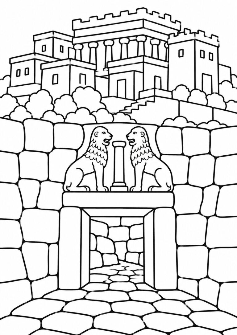 Children's coloring page featuring a structure with columns and lion sculptures, introducing ancient architecture through a fun and educational activity.