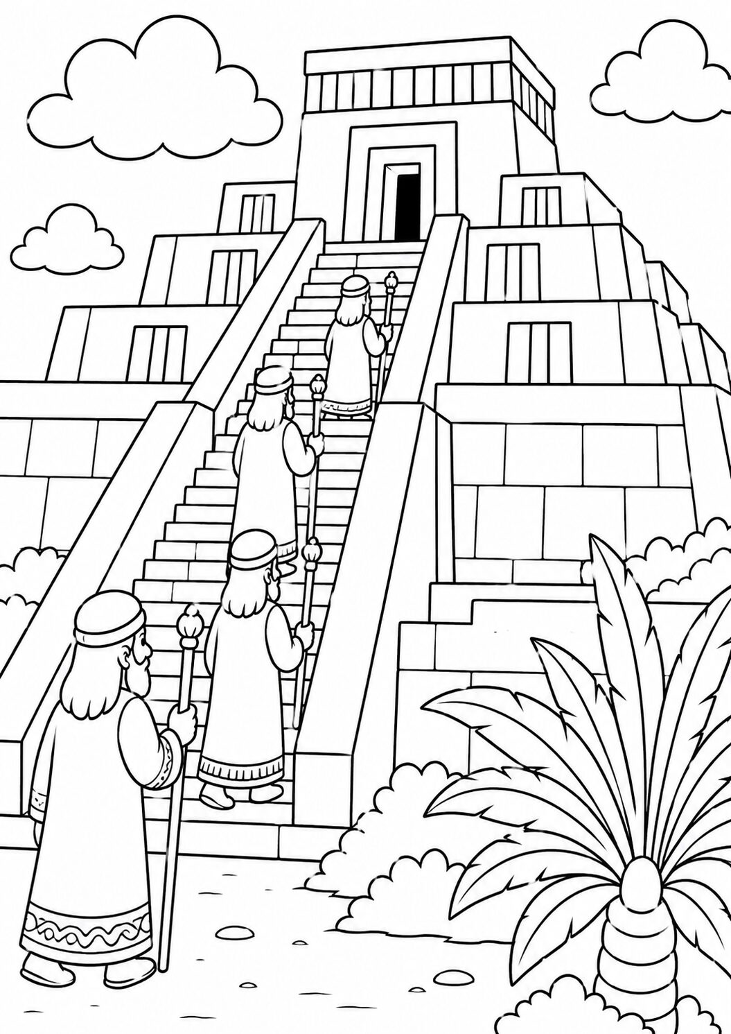 Coloring page featuring an ancient temple with figures climbing the grand staircase. The scene is set with trees and clouds, portraying a mystical atmosphere perfect for coloring and educational purposes.