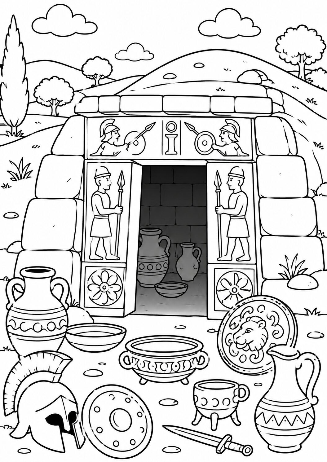 A children's coloring page depicting a hidden ancient treasure with stone structures and various artifacts like shields, swords, and helmets scattered in front of it, inviting children to explore and color with creativity.
