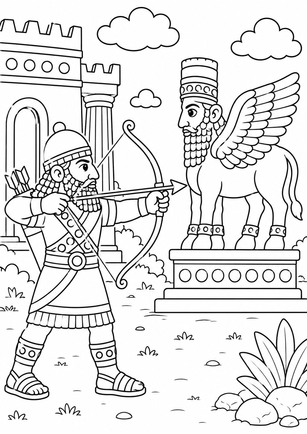 A detailed coloring page showing an ancient warrior with a bow targeting a statue of a mythical creature, set against a backdrop of ancient buildings and landscape.