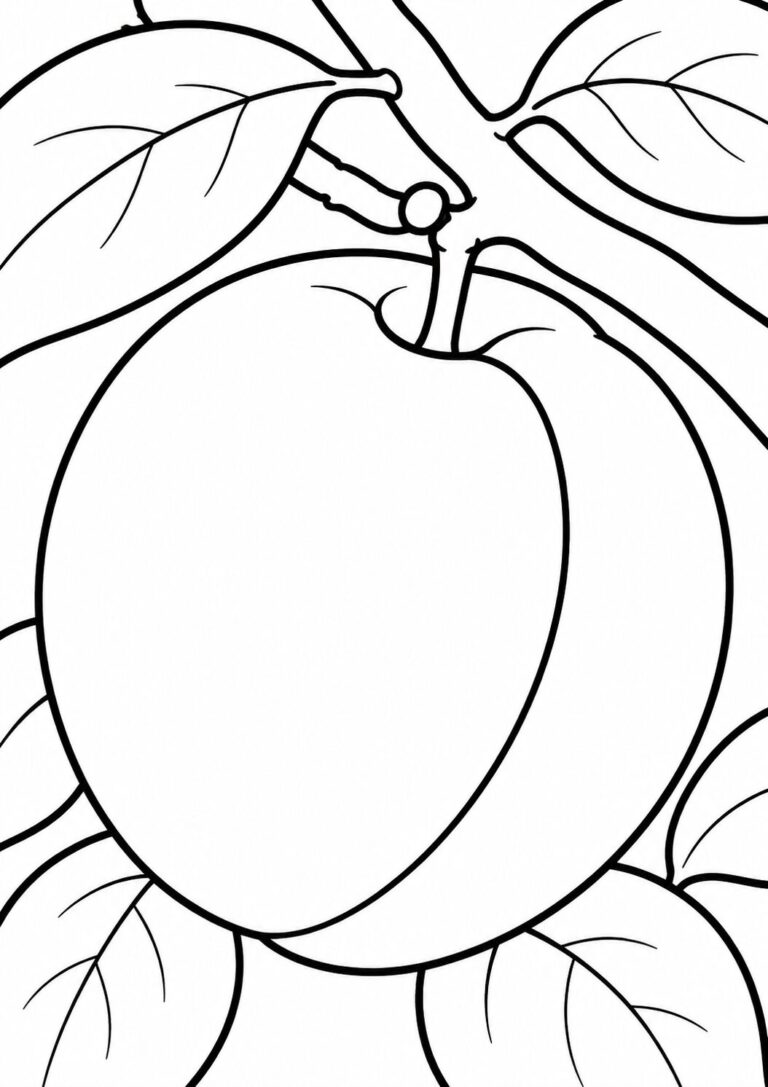 A coloring page depicting a large apple hanging from a branch with leaves. The outlined design offers children a chance to color creatively, focusing on details in the leaves and apple.
