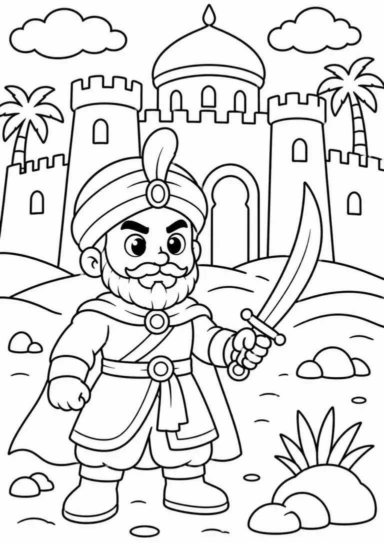 A detailed coloring page of an Arabian knight with a sword, standing proudly in front of an elaborate castle setting. The background includes palm trees and clouds, offering a mystical and adventurous ambiance for children to color in.