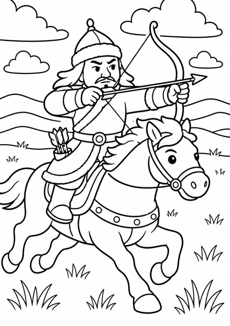 A dynamic scene of an archer on horseback aiming his bow, surrounded by a picturesque landscape with hills and clouds. Kids can enjoy coloring this vibrant illustration and immerse themselves in a historical setting full of adventure.