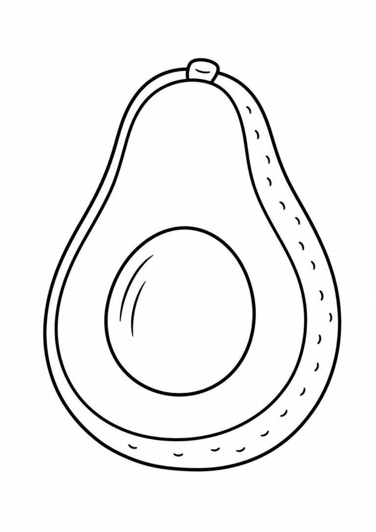 A simple coloring page image featuring a halved avocado with a visible pit. Perfect for children learning to color while engaging with shapes of healthy foods.
