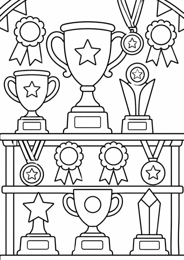 A coloring page featuring various award items, including trophies, medals, and ribbons. Perfect for children to express creativity while learning about achievements. Suitable for coloring and imaginative play.