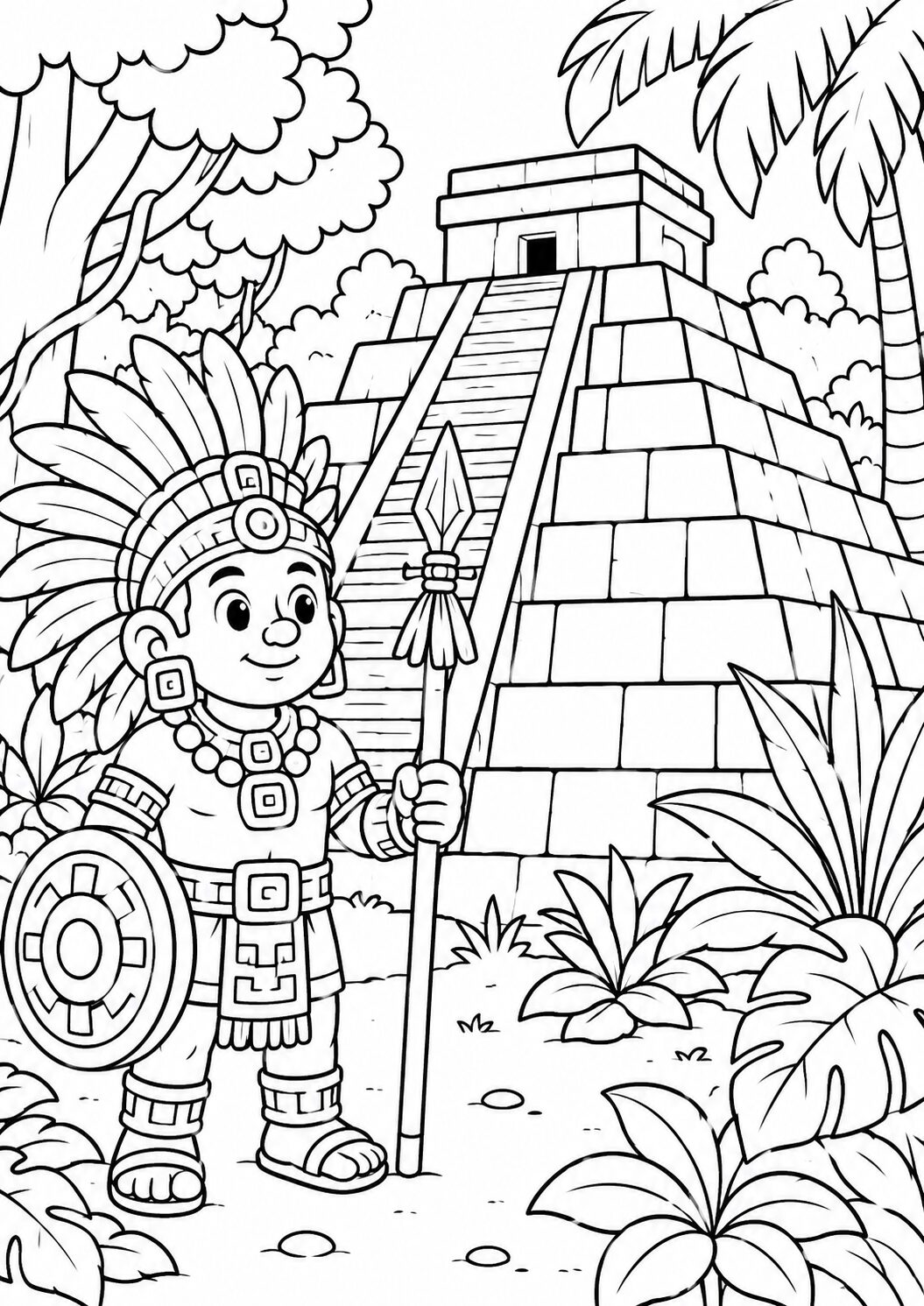 A detailed coloring page displaying an Aztec warrior in traditional attire in front of a pyramid, surrounded by lush plants. This captivating scene invites children to explore history through coloring.