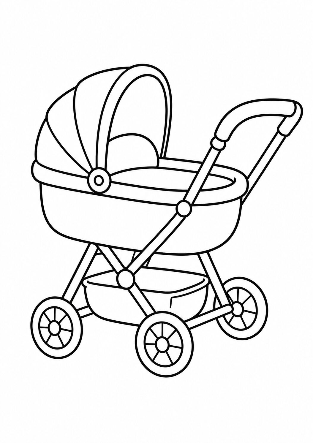 Detailed coloring page of a baby stroller with wheels, handle, and canopy. Perfect for kids to enhance their creativity and fine motor skills through coloring.