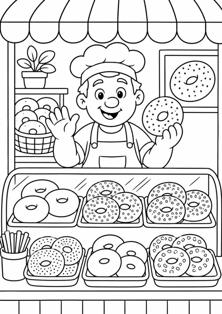 A coloring page with a smiling baker in his shop, surrounded by trays of assorted donuts, inviting children to color lively bakery scenes with creativity and fun.