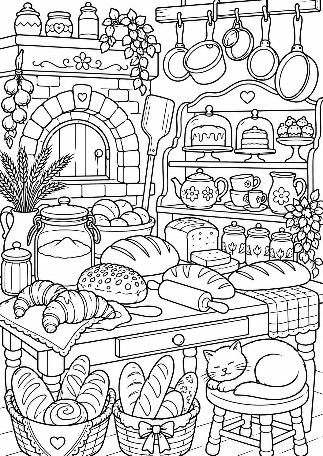 A detailed coloring page of a bakery kitchen with breads, pastries, and a sleepy cat, perfect for children to bring to life with colors, capturing the cozy essence.