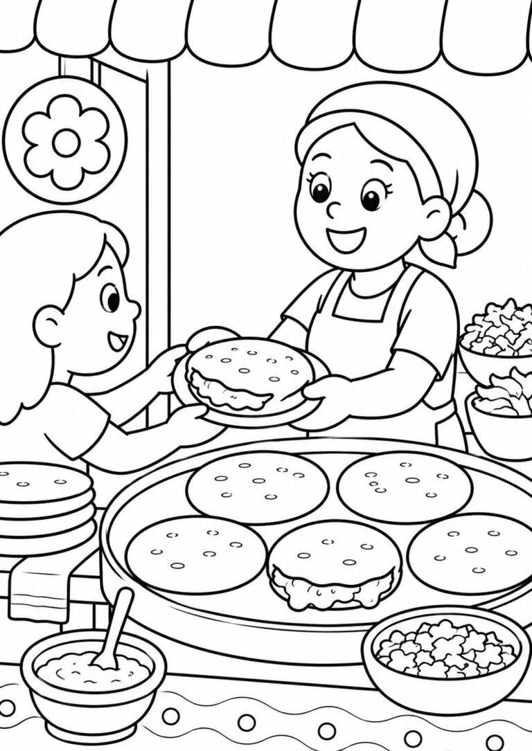 A coloring page depicting a bakery scene with a baker and a child exchanging a pastry. The setting includes baking utensils, fresh bread, and a joyful environment, inviting children to color creatively.