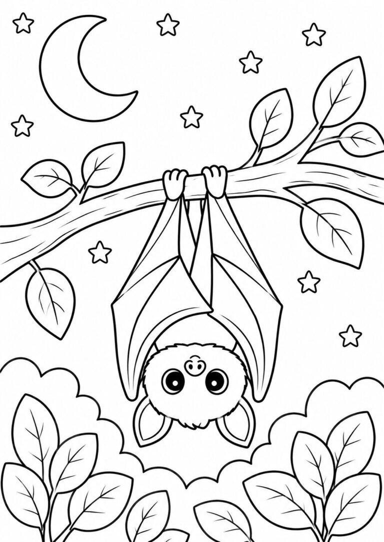 A charming bat hangs upside down from a tree branch in this kids' coloring page. The bat is set against a backdrop of a starry night sky with a crescent moon, alongside leafy branches, creating an engaging scene to color.
