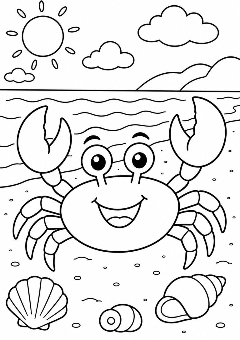 A lively coloring page showing a smiling crab on a beach, surrounded by seashells and ocean waves, under a bright sun and fluffy clouds. Ideal for children's activities and learning about seaside environments.