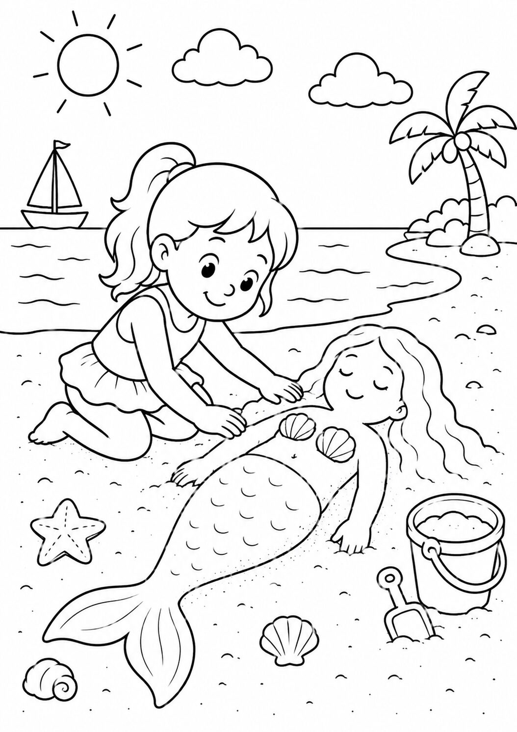 A child on the beach creating a sand mermaid with seashells and a mermaid tail, surrounded by a sunny sky, palm tree, and sailboat.