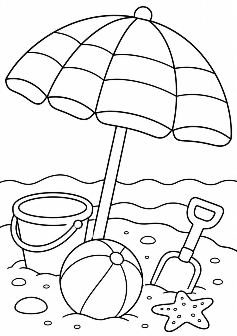 A fun beach scene coloring page showing a beach umbrella, bucket, shovel, beach ball, and starfish. Perfect for children to color and express their creativity, focusing on a summer holiday theme by the seaside.