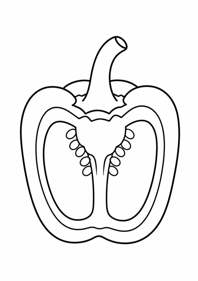 A detailed bell pepper coloring page featuring a sliced bell pepper with visible seeds. Perfect for children to experiment with colors, learning about vegetables alongside art.