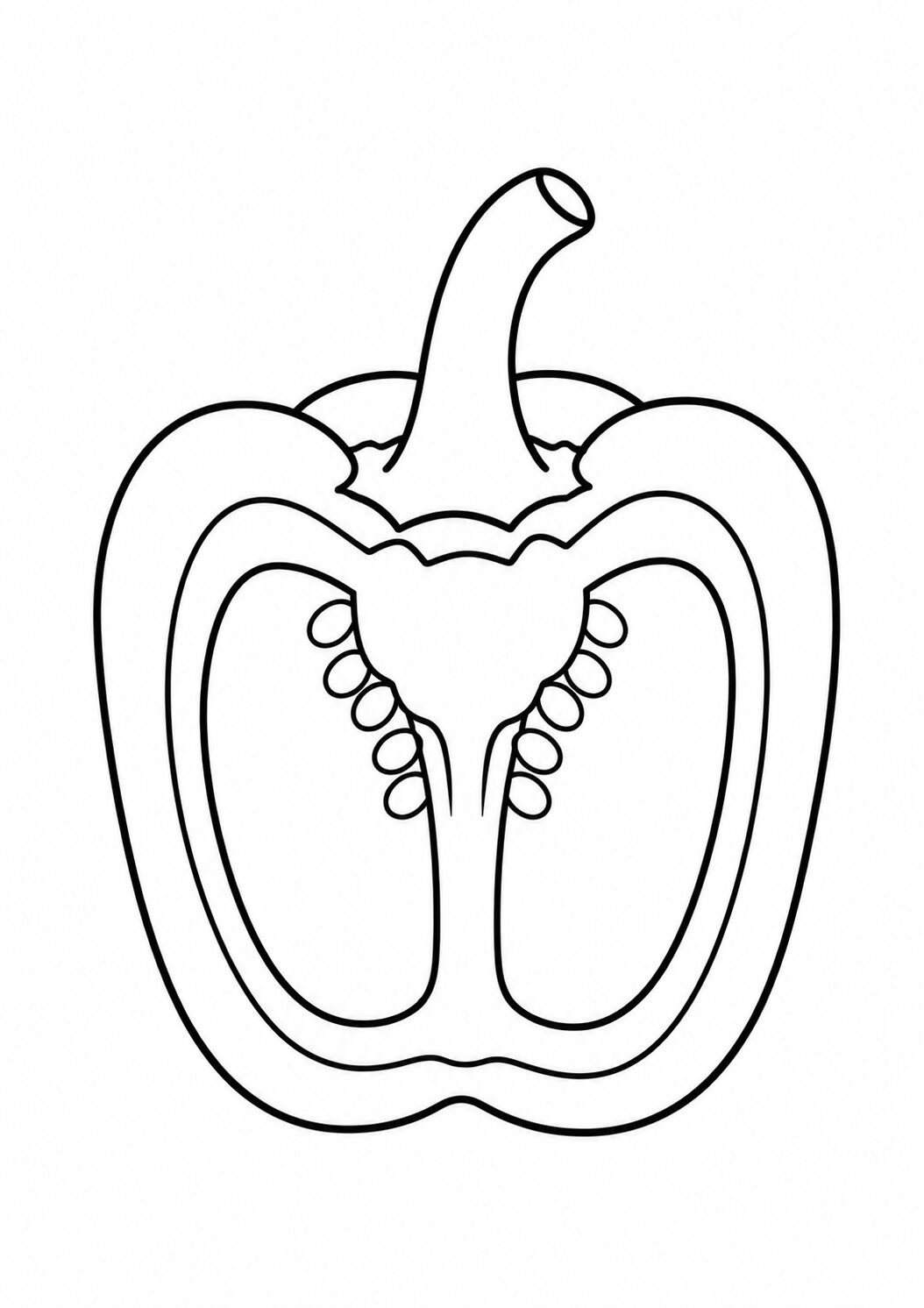 A detailed bell pepper coloring page featuring a sliced bell pepper with visible seeds. Perfect for children to experiment with colors, learning about vegetables alongside art.