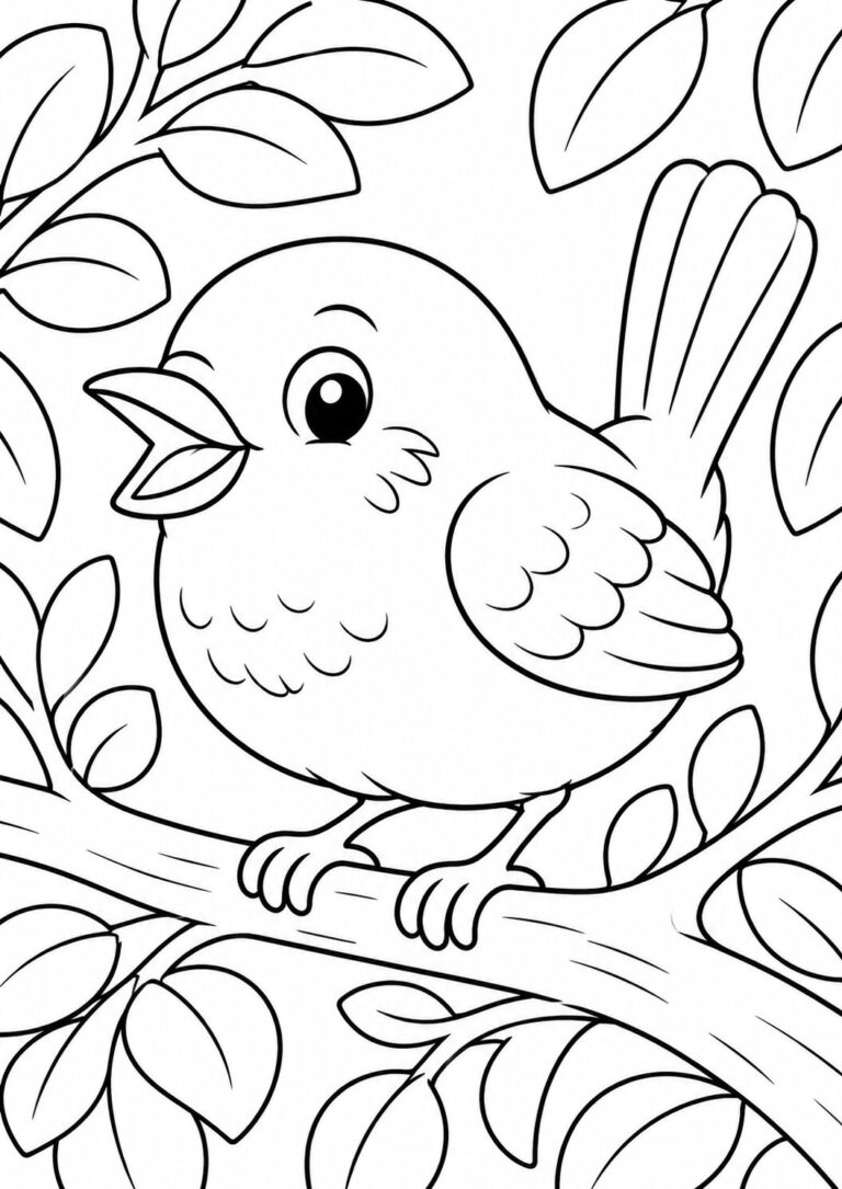 A charming bird perched on a branch amidst leaves, offering a simple and delightful coloring opportunity for children who enjoy nature themes and artistic activities.