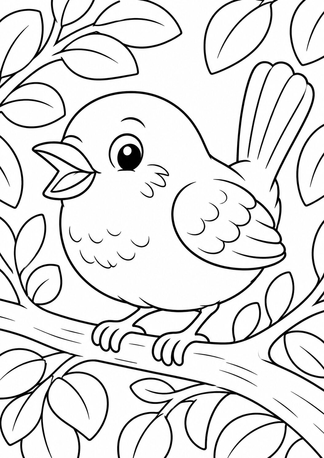 A charming bird perched on a branch amidst leaves, offering a simple and delightful coloring opportunity for children who enjoy nature themes and artistic activities.
