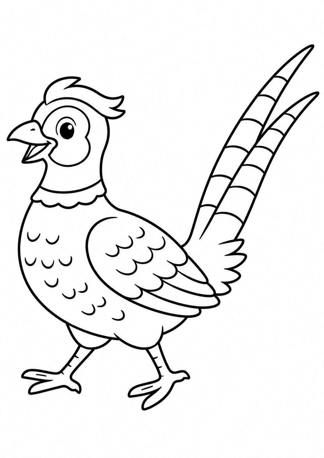 A whimsical bird coloring page showing a cheerful bird with detailed feathers and tail, perfect for inspiring creativity in children.