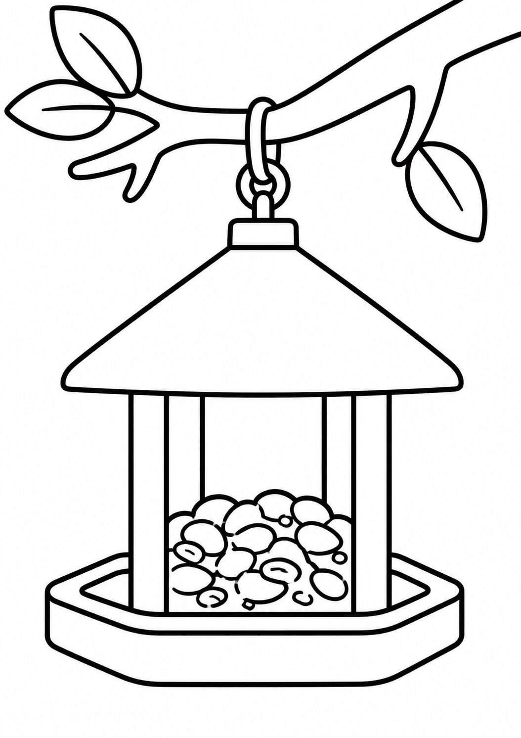 A simplistic bird feeder coloring page with a feeder hanging from a tree branch. The feeder is filled with seeds, inviting children to explore their creativity by coloring.