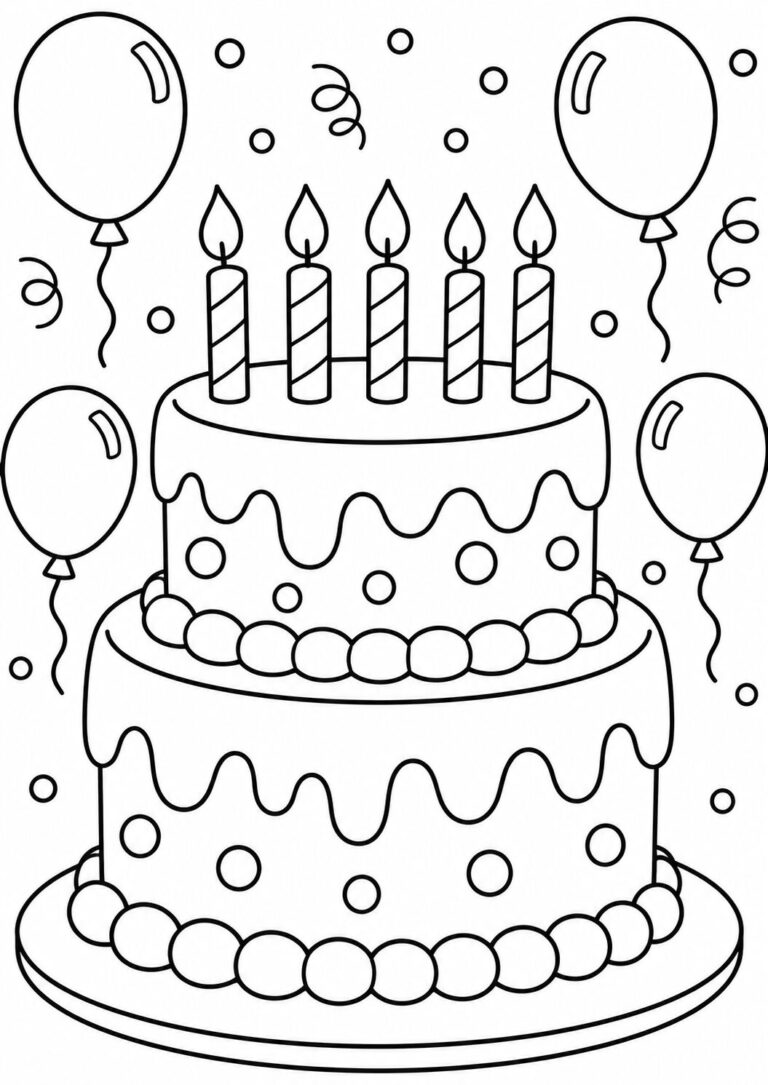 A two-tiered birthday cake with five candles, surrounded by balloons and confetti. Perfect for coloring and celebrating special occasions.