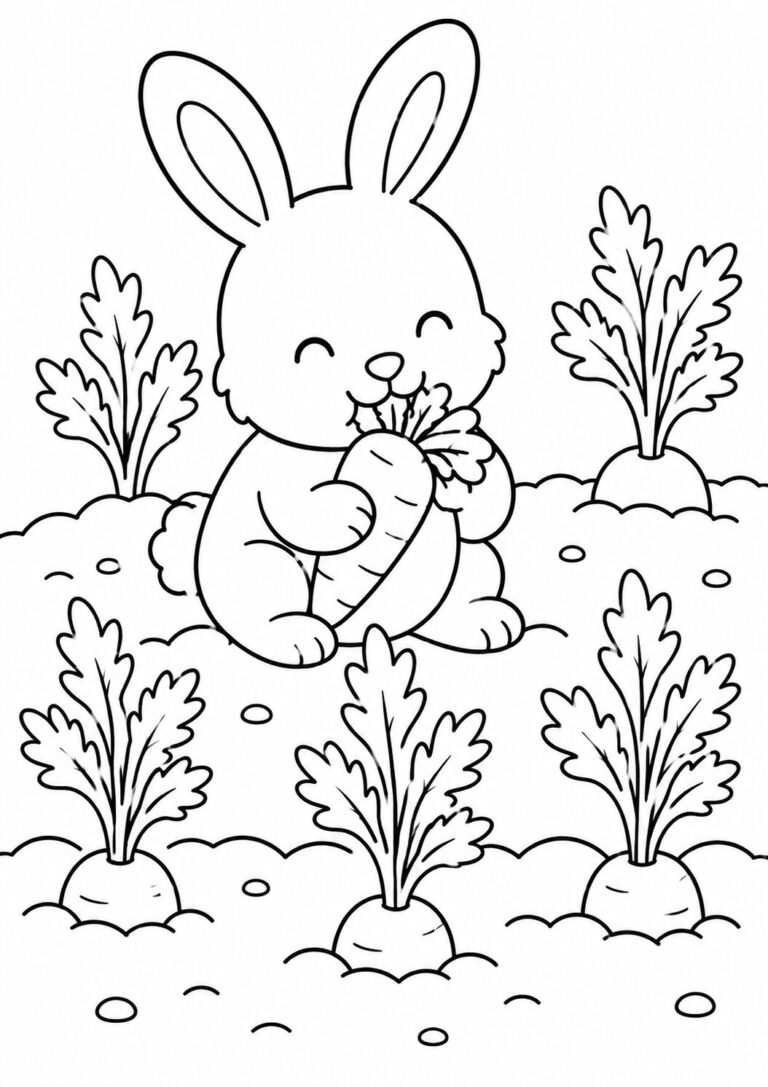 A bunny happily munching on a carrot in a garden setting with surrounding leafy plants. The scene is simple and inviting for children to color.