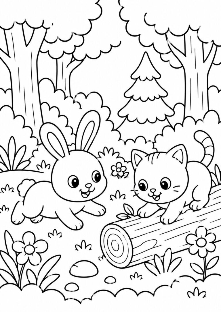 A bunny and a kitten play in a scenic forest clearing with trees, flowers, and a log. The charming woodland scene offers children a delightful coloring activity, encouraging creativity and exploration.