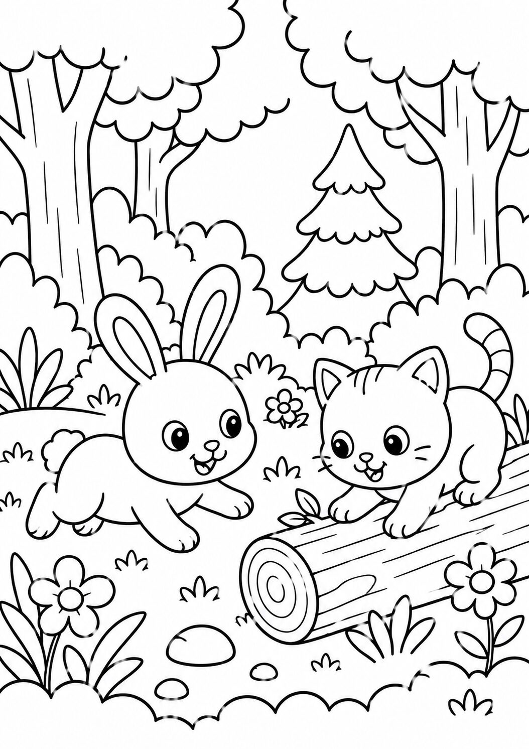 A bunny and a kitten play in a scenic forest clearing with trees, flowers, and a log. The charming woodland scene offers children a delightful coloring activity, encouraging creativity and exploration.