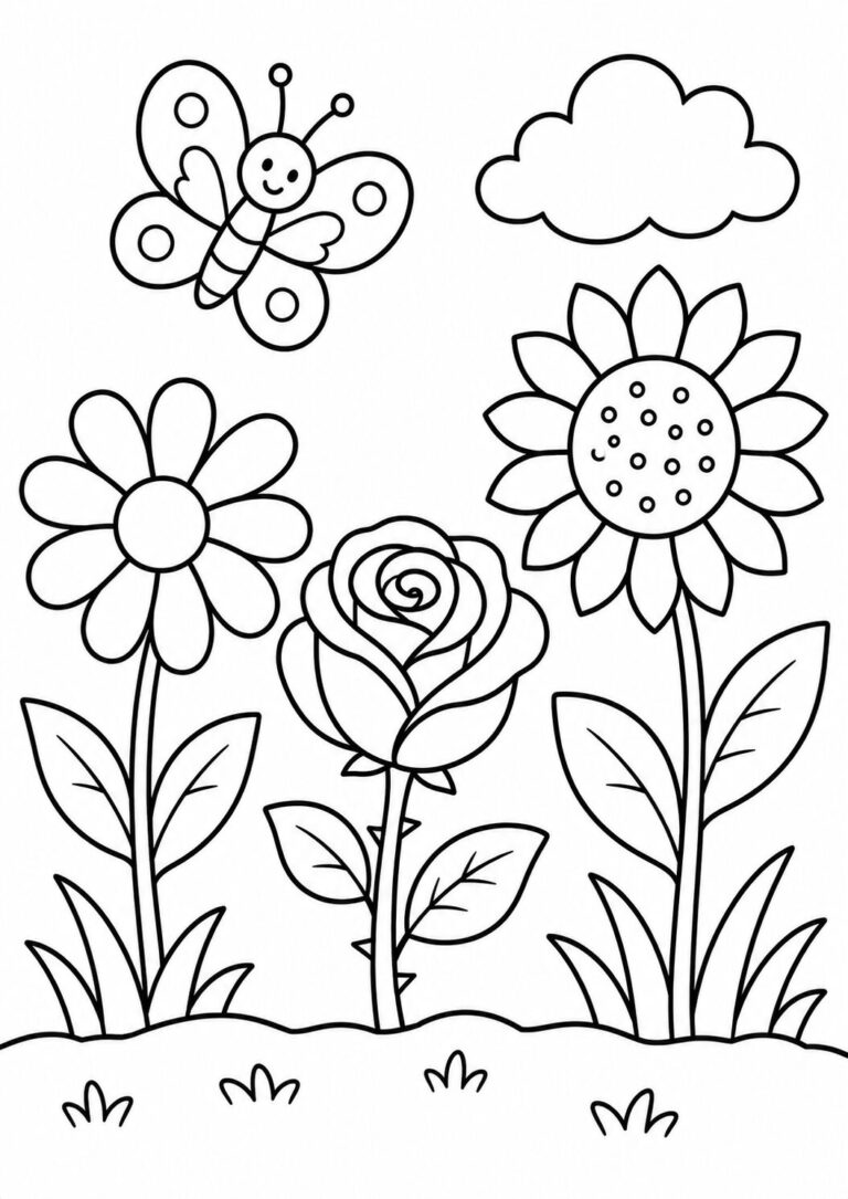 Coloring page showing a happy butterfly above a daisy, a rose, and a sunflower. A friendly cloud floats nearby, all set in a garden scene.