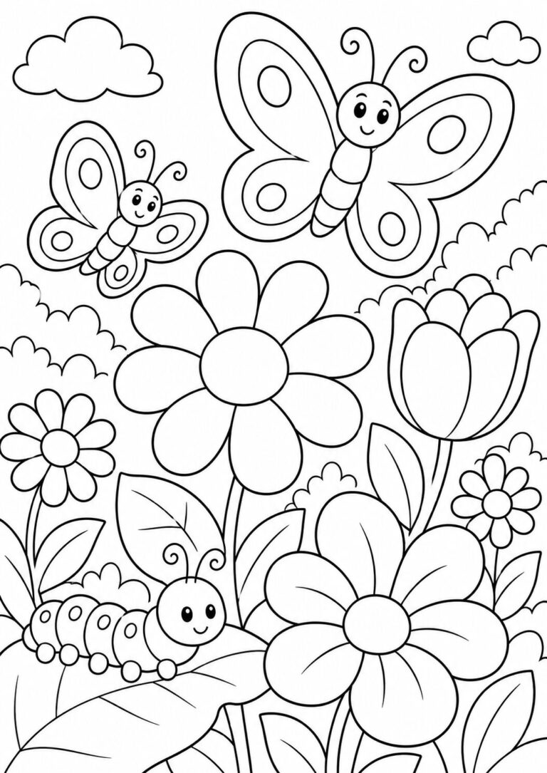 A delightful coloring page with butterflies and flowers for kids to color, showcasing a peaceful garden scene that inspires creativity and fun.