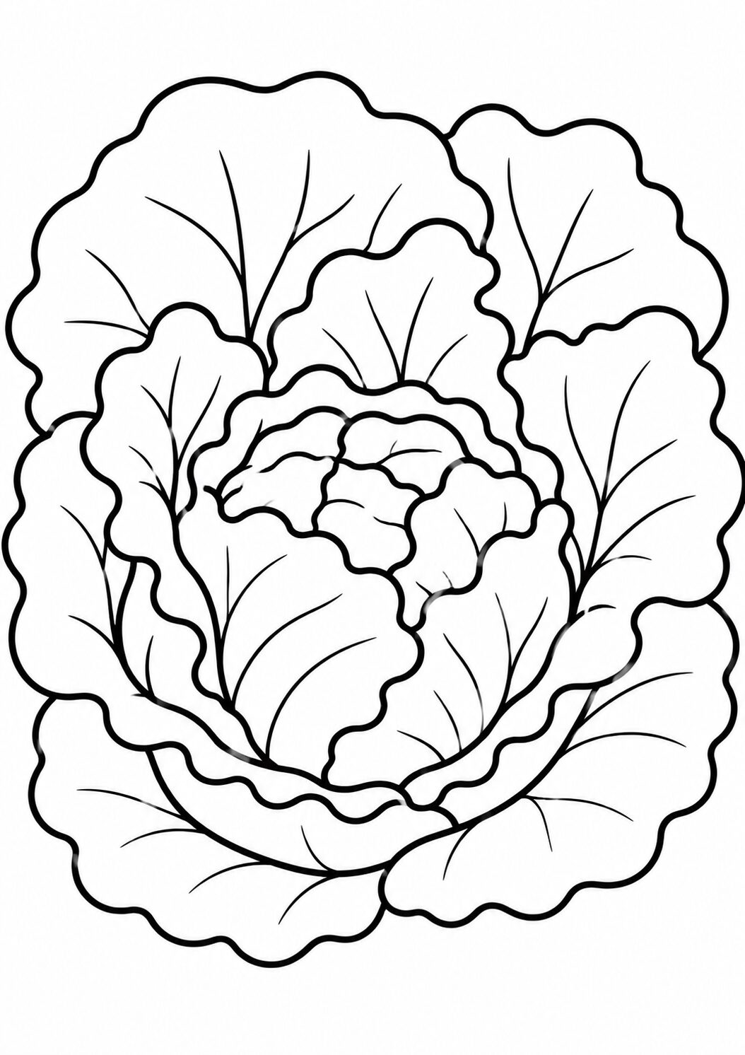 This coloring page depicts a detailed cabbage, perfect for children to explore their creativity. The intricate lines and leaf patterns provide a great opportunity for young artists to experiment with colors and learn about vegetables while enjoying the activity.