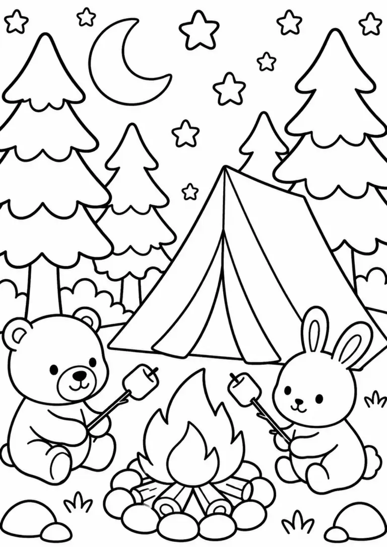 Cute coloring page featuring a bear and rabbit camping under the stars. They sit by a campfire, roasting marshmallows. Surrounding trees and a night sky complete the charming outdoor scene, ideal for children's creativity.