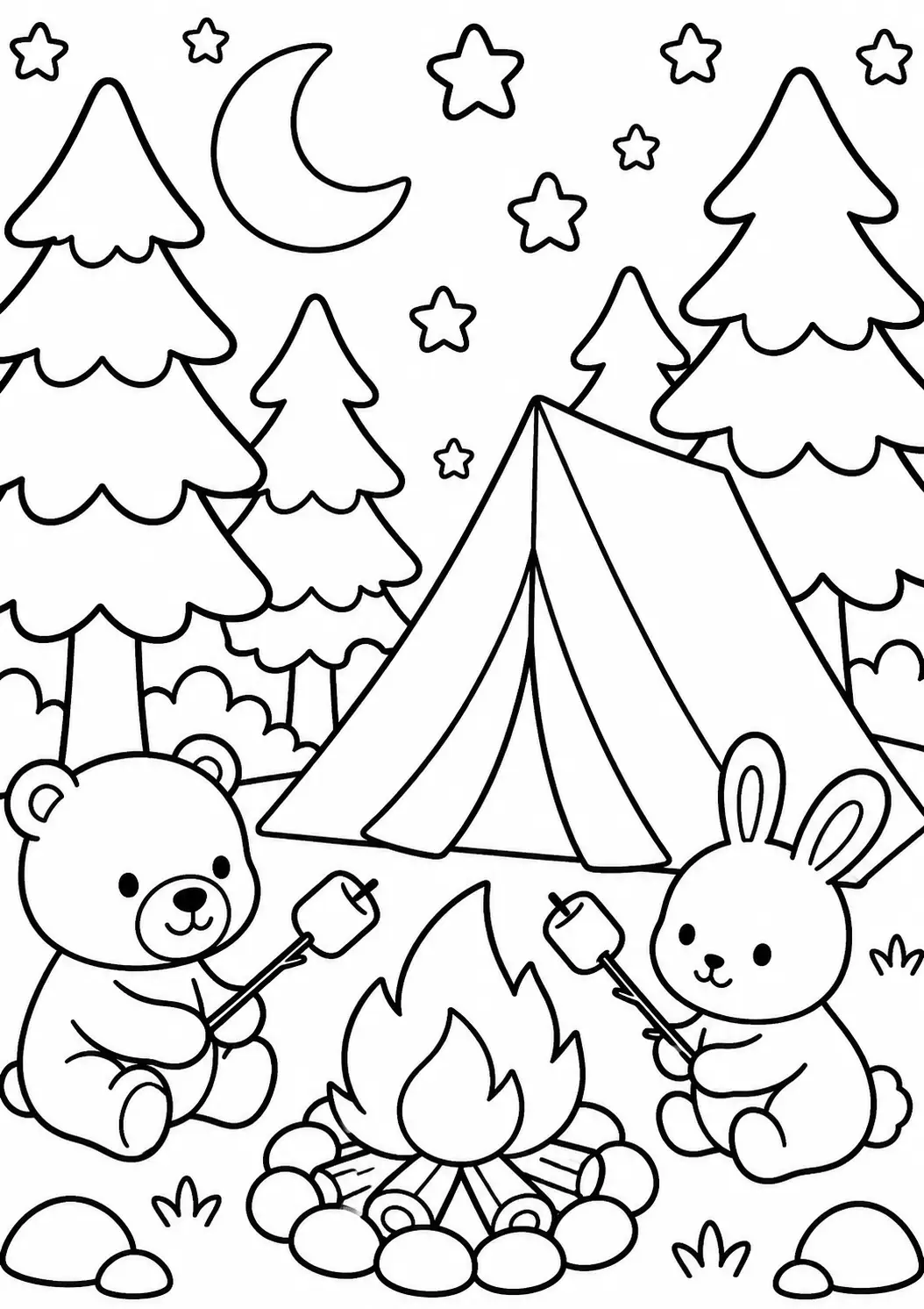 Cute coloring page featuring a bear and rabbit camping under the stars. They sit by a campfire, roasting marshmallows. Surrounding trees and a night sky complete the charming outdoor scene, ideal for children's creativity.