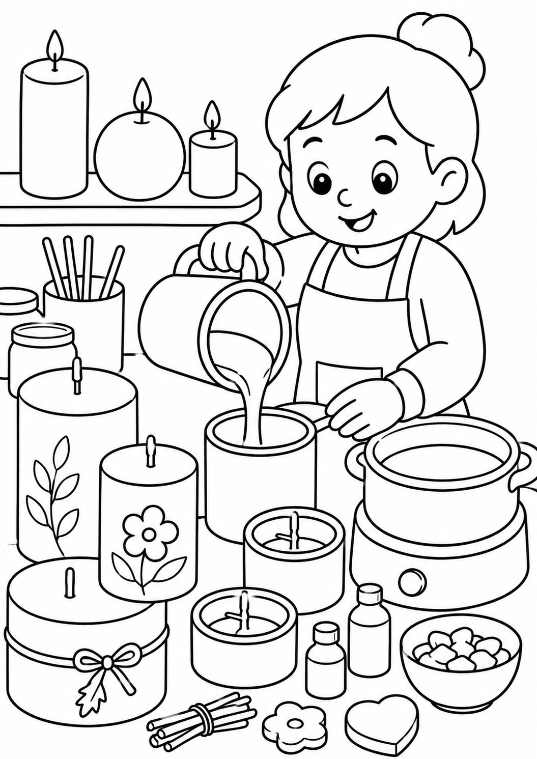 A delightful coloring page showing a child making candles. The child is surrounded by different candles, oils, and tools. It is perfect for young children who enjoy engaging in arts and crafts activities.