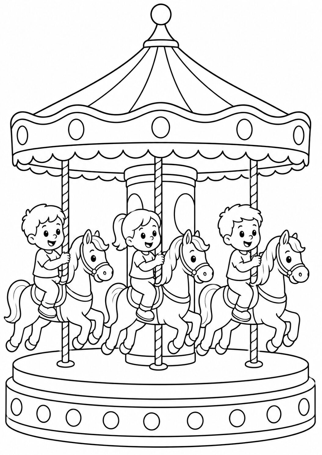 Coloring page showing children riding a carousel with joyful expressions. The merry-go-round horses are detailed and invite children to use bright colors. Great for sparking creativity and imagination during playtime.