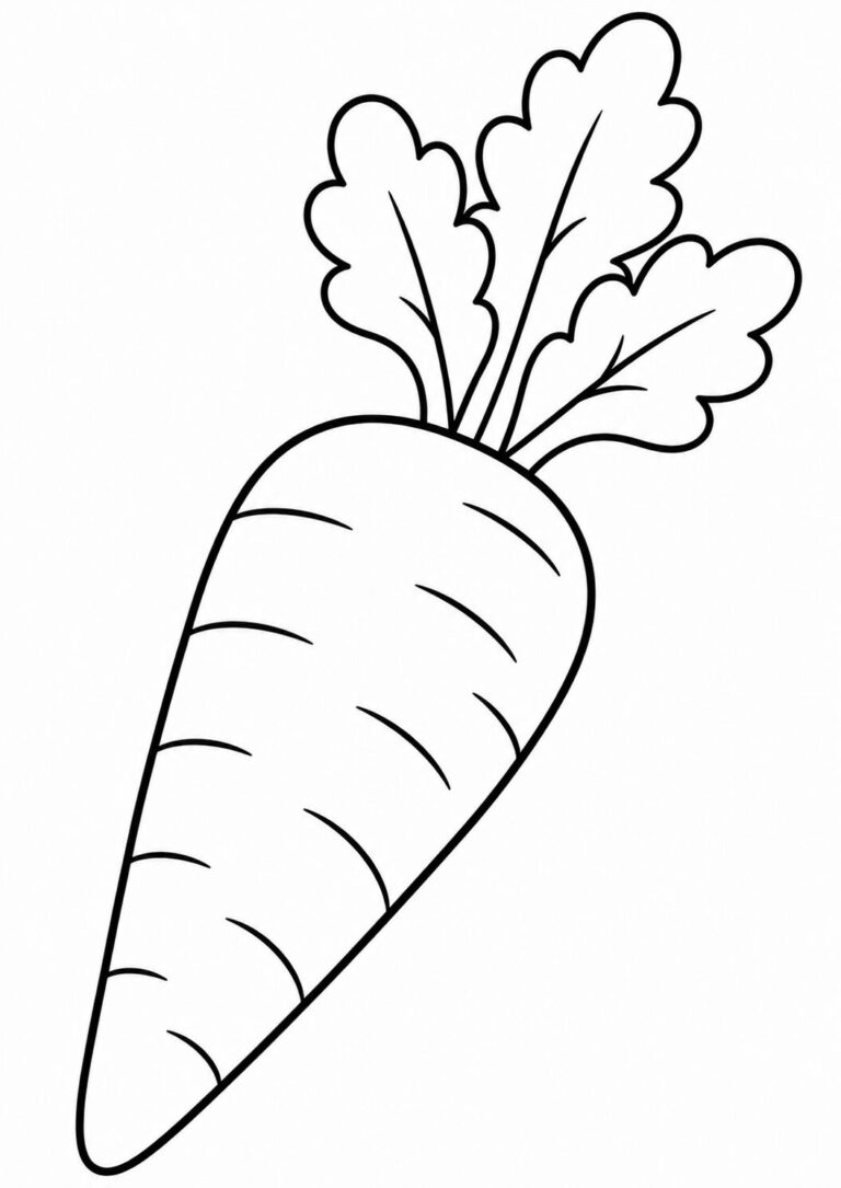 A simple coloring page featuring a carrot with leafy greens, designed for children. Encourages creativity and fine motor skills in young artists with bold, easy-to-color outlines.